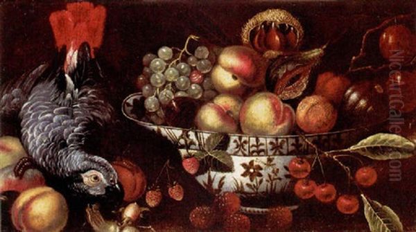 Still Life With Peaches, Figs, Grapes And Plums In A Blue And White Porcelain Bowl, Together With Other Fruit And A Grey Parrot - view 1