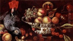 Still Life With Peaches, Figs, Grapes And Plums In A Blue And White Porcelain Bowl, Together With Other Fruit And A Grey Parrot by Michiel Simons