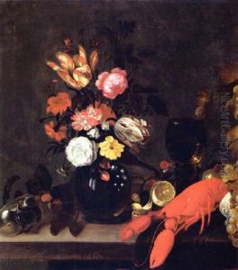 A Still Life With Tulips, Carnations, Roses, Lilies-of-the-valley In A Glass Vase, A Nautilus Shell, A Lobster, A Lemon On A Wooden Table by Michiel Simons