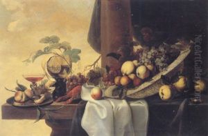 Still Life Of A Roemer, A Wine Glass, Peaches, Bunches Of Grapes, A Lobster And A Bowl Of Fruit All Resting On A Table by Michiel Simons