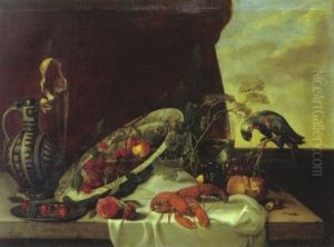 Nature Morte Aux Crustaces, Plat, Perroquet Sur Un Entablement by Michiel Simons