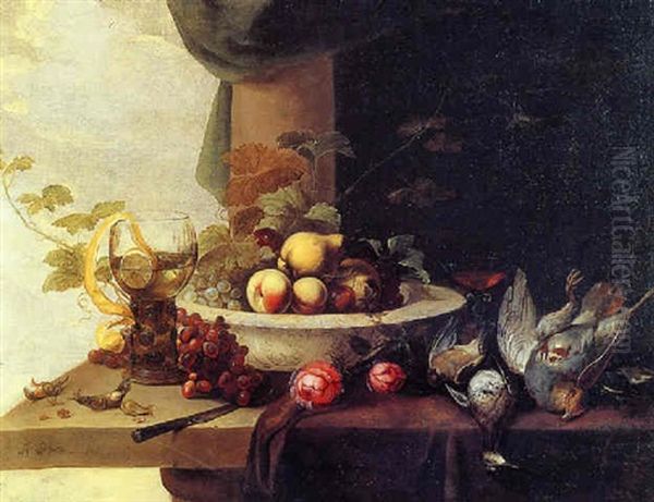 Fruit In A Porcelain Bowl, A Peeled Lemon In A Roemer, A Wine Glass, A Knife, Roses, Grapes And Dead Birds On A Ledge - view 1