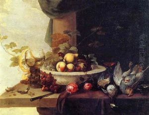 Fruit In A Porcelain Bowl, A Peeled Lemon In A Roemer, A Wine Glass, A Knife, Roses, Grapes And Dead Birds On A Ledge