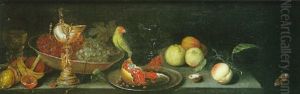 Nature Morte Au Vase Nautile, Plat De Raisins, Fruits Et Perroquet Sur Un Entablement