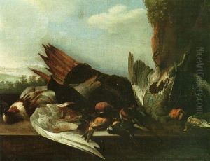 A Still Life Of Various Birds On A Stone Ledge, A Mountainous Landscape Beyond A Still Life Of Various Birds On A Stone Ledge, A Mountainous Landscape Beyond