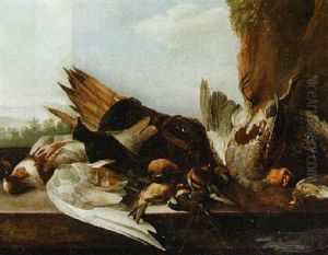 Still Life Of Various Birds On A Stone Ledge, A Mountainous Landscape Beyond Still Life Of Various Birds On A Stone Ledge, A Mountainous Landscape Beyond