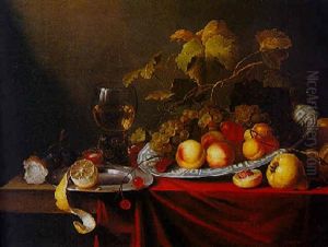 Nature Morte Aux Fruits, Verre De Vin Et Miche De Pain Poses Sur Un Entablement