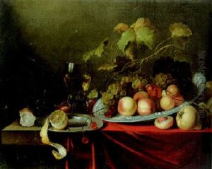 Grapes, Peaches And Other Fruit In A Bowl, Peeled Lemon On A Pewter Plate, Other Fruit On A Ledge