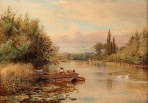 Figures Resting On A Hay Barge In Extensive River Landscape