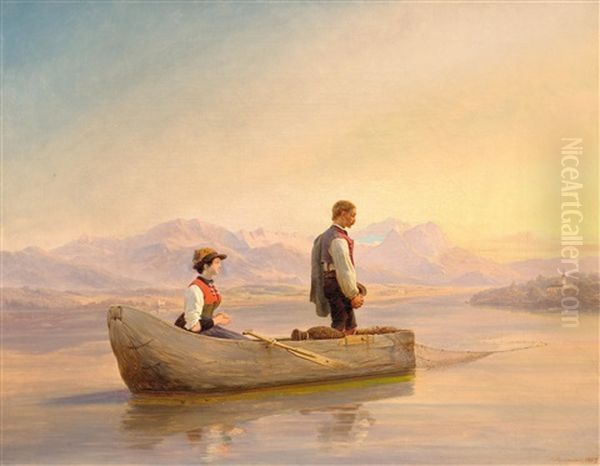 Fishing Couple On A Lake At Sunset - view 1