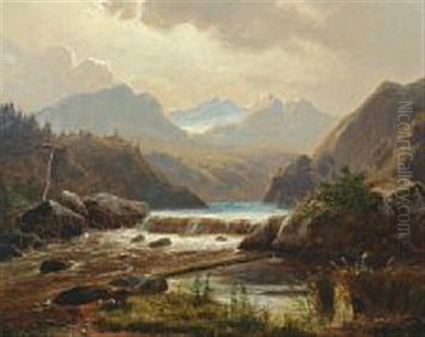 A South German Mountian Scene With River - view 1