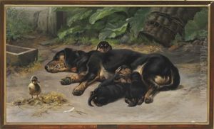 A Dachshund With Her Puppies by Simon Simonsen