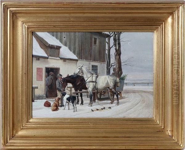 Horsedrawn Sled Outside An Inn - view 1