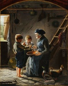 Interior With An Old Woman And Her Grandchildren by Simon Simonsen
