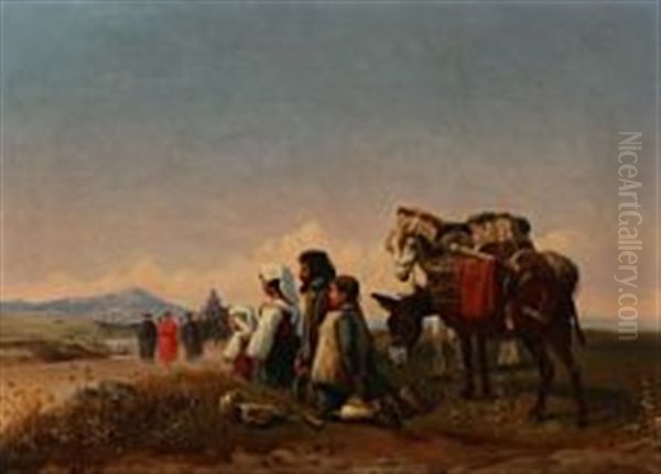 A Group Of Travellers Are Kneeling While A Procession Is Passing - view 1