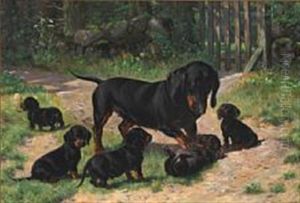 A Dachshund With Her Five Puppies by Simon Simonsen