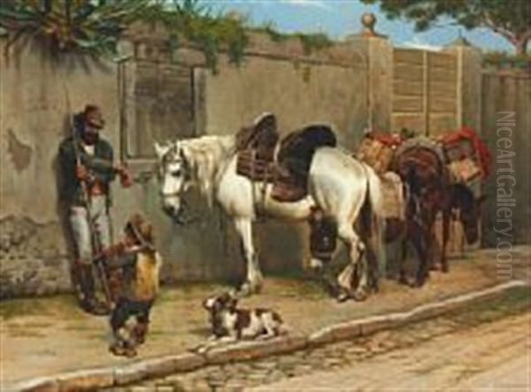 South European Street Scenery With Music Rendering Boy, A Dog, Horses And A Donkey - view 1