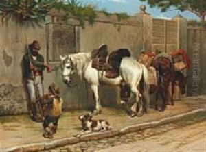 South European Street Scenery With Music Rendering Boy, A Dog, Horses And A Donkey