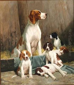 A Pointer With Her Puppies