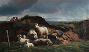 Coastal Scape With Sheep And Children In The Dunes by Simon Simonsen