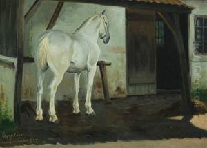 Courtyard With A White Horse By A Gateway