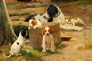 The Pointer "asor" With Her Four Puppies