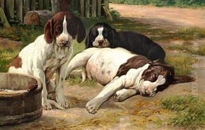 Three Pointer Puppies, One Is Looking At A Beetle by Simon Simonsen