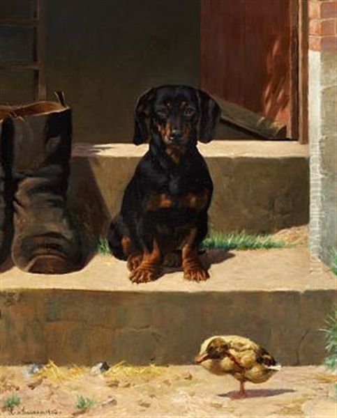 Dachshund And Duckling At A Doorstep - view 1