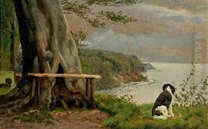 A Woman And Two Dogs Enjoying A View Of The Water A Woman And Two Dogs Enjoying A View Of The Water