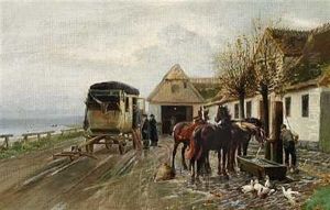 Uden For En Kro. Diligencehestene Bliver Vandet by Simon Simonsen
