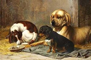 En Gravhund, Springer Spaniel Og En Broholmer Ved Madskalen