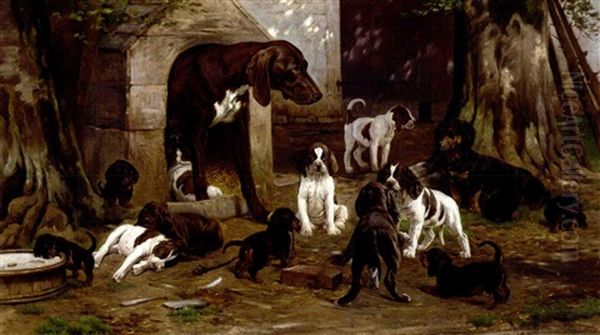 Pointer And Dachshund Dogs With Their Puppies Outside A Kennel - view 1