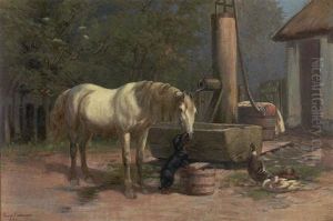 Gardexterior Med Aender, Hest Og Gravhund Ved Et Vandtrug
