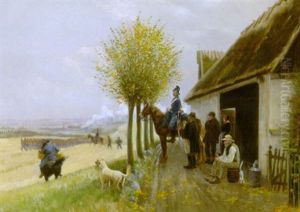 Slagscene Ved Dybbel, I Forgrunden Figurer, Heste Og Hund Ved En Bondegard by Simon Simonsen