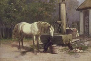 Gardexterior Med Gravhund, Hest Og Aender Ved Et Vandtrug by Simon Simonsen