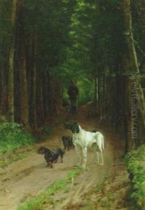 Jaeger Med Sine Tre Hunde Pa En Skovsti by Simon Simonsen