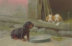 "bange" Pointer Hvalpe Og Gravhundehvalp Ved Det Tomme Madtrug by Simon Simonsen