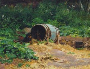 Dachshund Puppies Before An Empty Barrel by Simon Simonsen