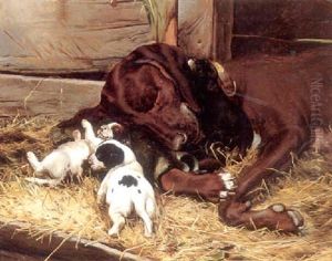 Moder Tryghed, En Honsehund Med Sine Hvalpe Moder Tryghed, En Honsehund Med Sine Hvalpe