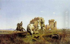 Parti Fra Den Romerske Campagne Med Ryttere Og Kvaeg Ved En Antik Ruin by Simon Simonsen