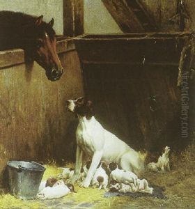 Hestestaldsinterior Med Hest Der Ser Til En Hund Med Sine Hvalpe