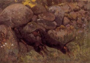 Gravhunde Ved Et Stengaerde by Simon Simonsen