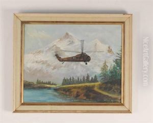 Army Helicopter In A Mountain Landscape by Harold Chalton Bradshaw