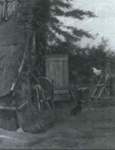 Gardinterior Med Gravhund Der Betragter En Hone by Simon Simonsen