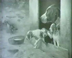 Pointer Med Sine Hvalpe I Hundehuset