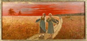 Erntehelferinnen Mit Gefullten Korben Auf Dem Feldweg Bei Stimmungsvoller Abendrote Erntehelferinnen Mit Gefullten Korben Auf Dem Feldweg Bei Stimmungsvoller Abendrote