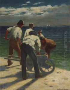 Manner Mit Handkarren Am Meeresstrand Manner Mit Handkarren Am Meeresstrand