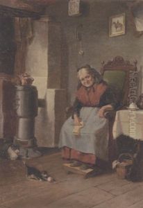 Interior Med Strikkende Kone I Kakkelovnskrogen by Oluf Simony Jensen