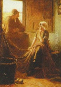 Ung Mand Pa Besog Hos Fiskerpige, Der Ordner Garn by Oluf Simony Jensen