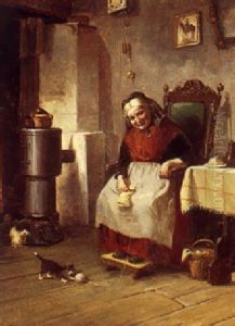 Interior Med Aeldre Kone Der Strikker Og Kattekilling Der Leger Med Garnnogle by Oluf Simony Jensen